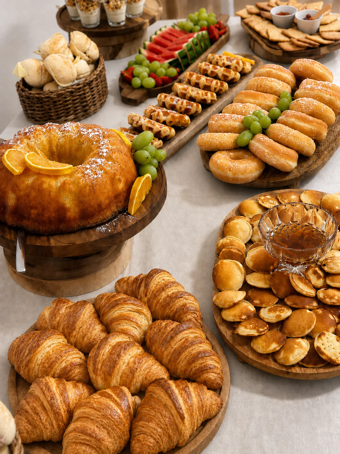 Mesa de catering com croissants, pães, fruta, bolo de laranja e pequenos salgados
